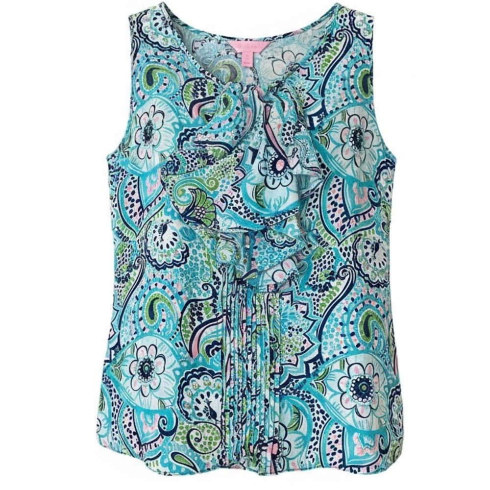 Lilly Pulitzer Blue Ruffle Front Tank Top Sleeveless silk size 10
